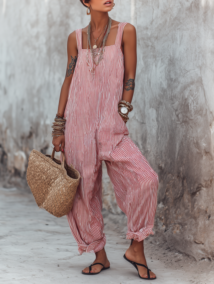 Women's Striped Square Neck Sleeveless Jumpsuit