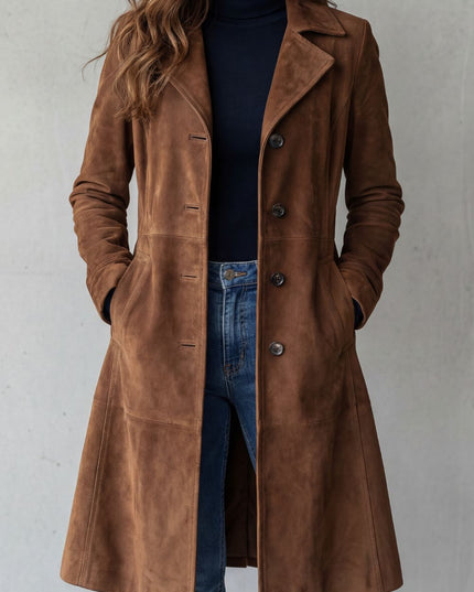 Women's Suede Longline Button Front Winter Coat