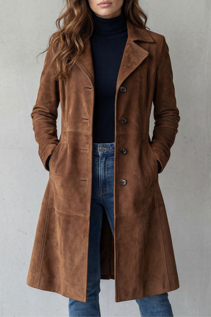 Women's Suede Longline Button Front Winter Coat