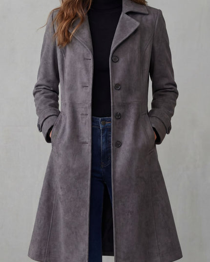 Women's Suede Longline Button Front Winter Coat