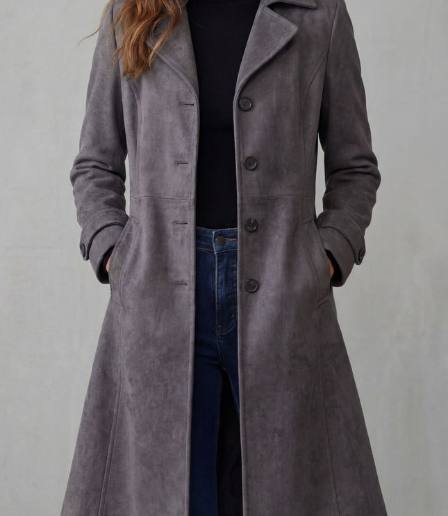 Women's Suede Longline Button Front Winter Coat
