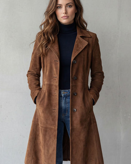 Women's Suede Longline Button Front Winter Coat
