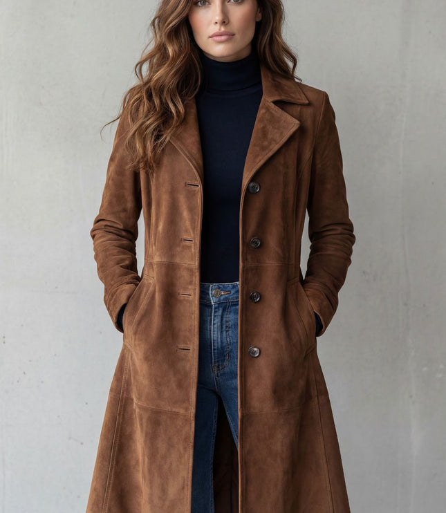 Women's Suede Longline Button Front Winter Coat