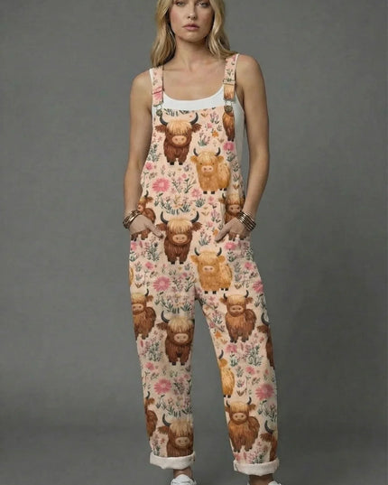 Women botanical print wide leg romper with cow and floral pattern, sleeveless overall style