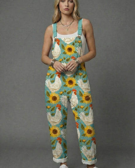 Women botanical print wide leg romper with turquoise chicken and sunflower pattern, sleeveless