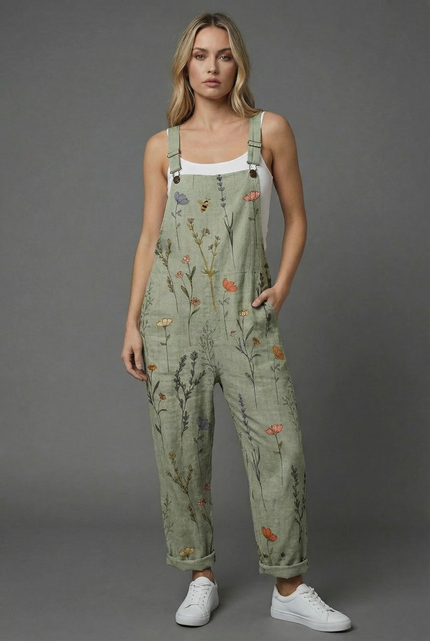 Full-length botanical print wide leg romper in sage green with rolled hems and white sneakers