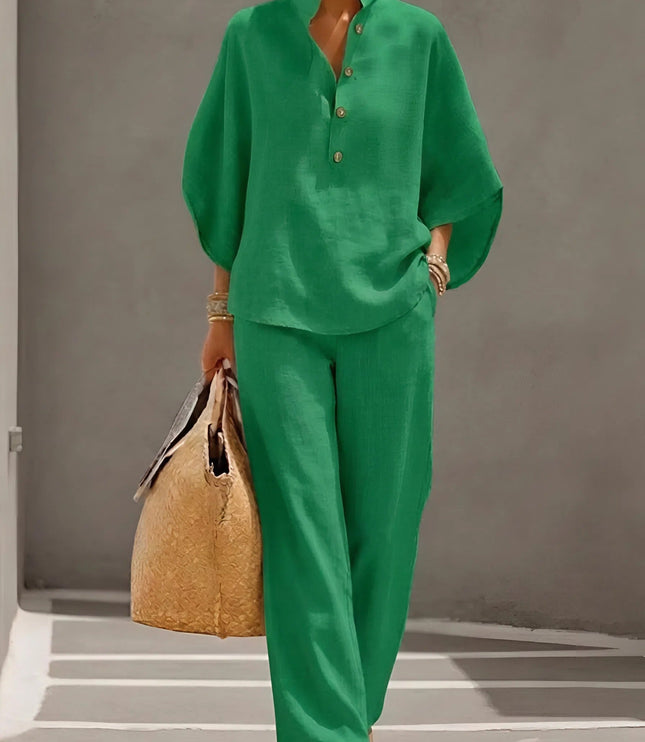 Green summer two piece set with loose button up shirt top and wide leg pants