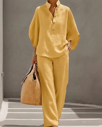 Mustard yellow linen two piece set, button up top with dolman sleeves and wide leg pants