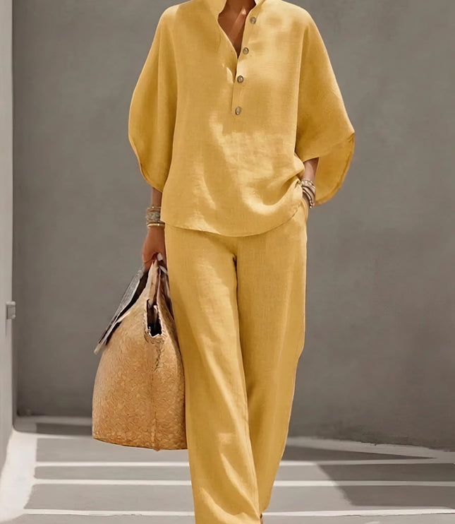 Mustard yellow linen two piece set, button up top with dolman sleeves and wide leg pants