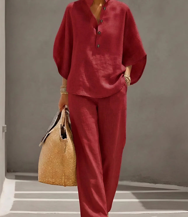 Burgundy red linen two piece set with half button shirt top and wide leg pants