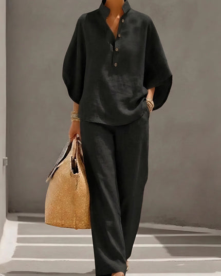 Black summer two piece set with relaxed button up top and wide leg linen pants