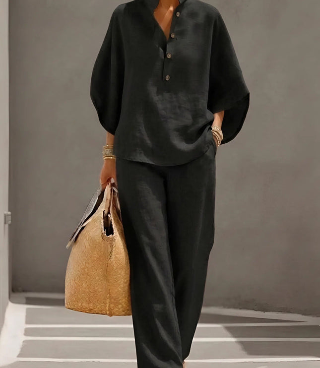 Black summer two piece set with relaxed button up top and wide leg linen pants