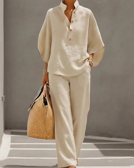 Cream linen two piece set with button up top and wide leg pants, relaxed summer outfit