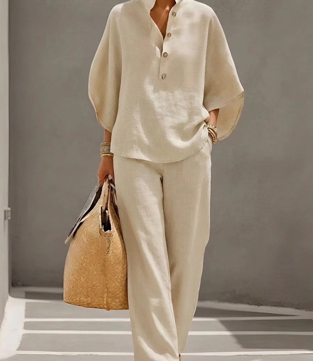 Cream linen two piece set with button up top and wide leg pants, relaxed summer outfit