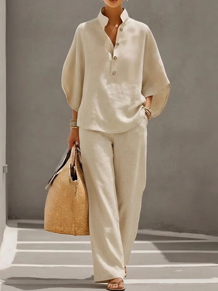 Cream linen two piece set with button up top and wide leg pants, relaxed summer outfit
