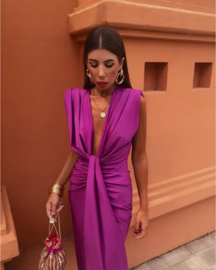 Purple deep V neck maxi dress with draped front tie and fitted skirt, women summer dress