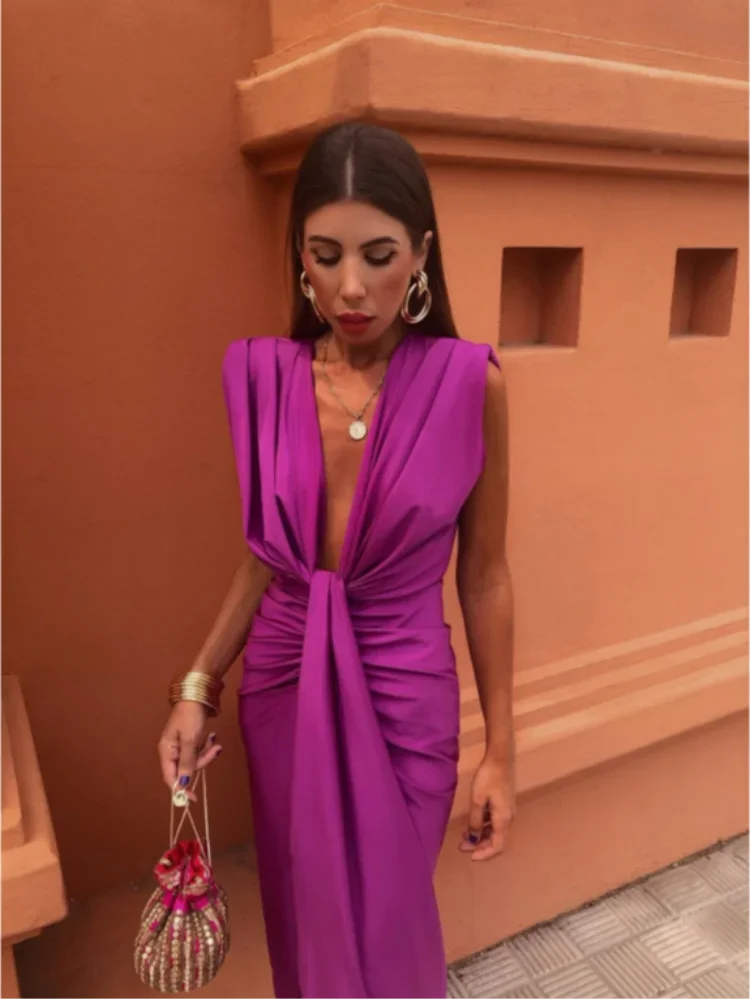 Purple deep V neck maxi dress with draped front tie and fitted skirt, women summer dress