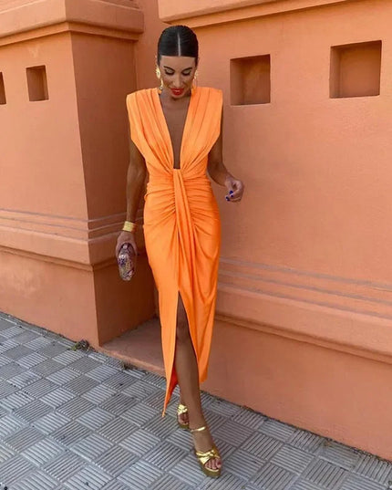 Orange deep V neck maxi dress with draped pleats and front slit, women summer dress