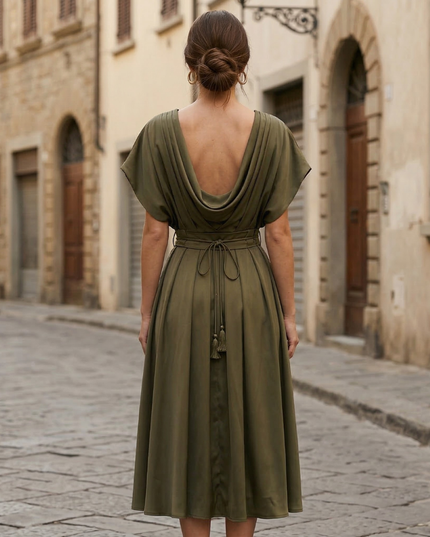 Back view of olive green midi dress with low open back and tie waist