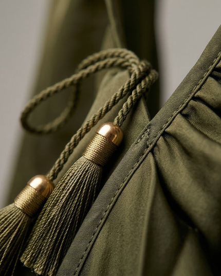 Close-up of olive green dress tie waist tassels and gathered fabric detail