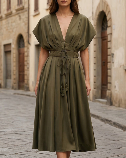 Olive green deep V neck midi dress with short sleeves and tie waist