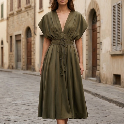 Olive green deep V neck midi dress with short sleeves and tie waist
