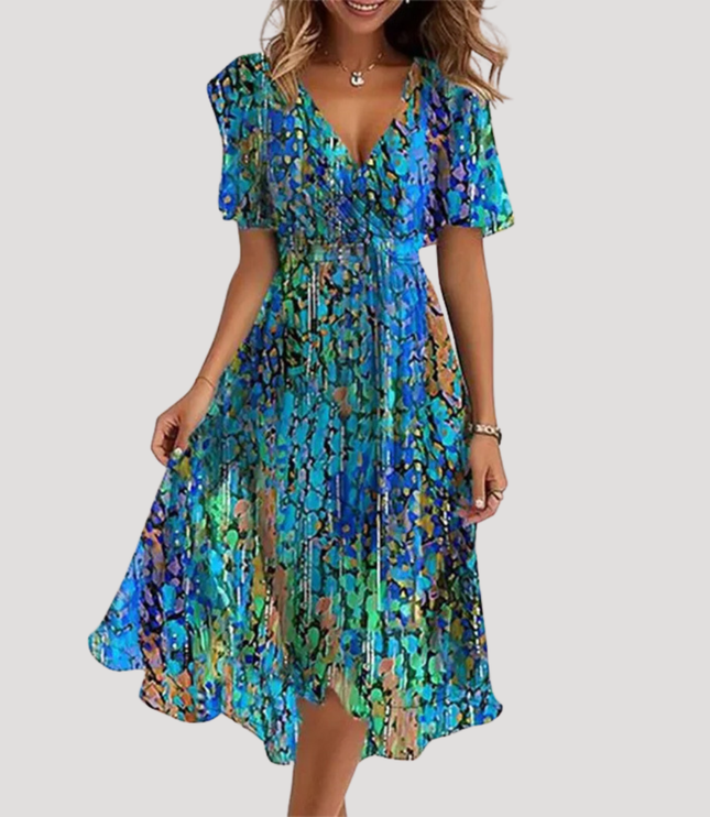 Blue and green floral wrap midi dress with short flutter sleeves and flowy skirt