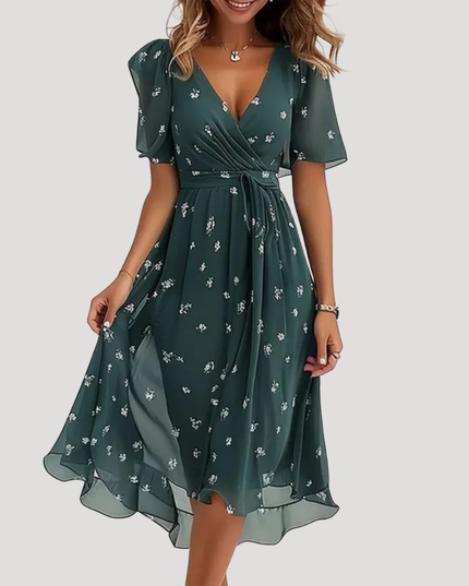 Dark green floral wrap midi dress with V-neck, tie waist and sheer midi length