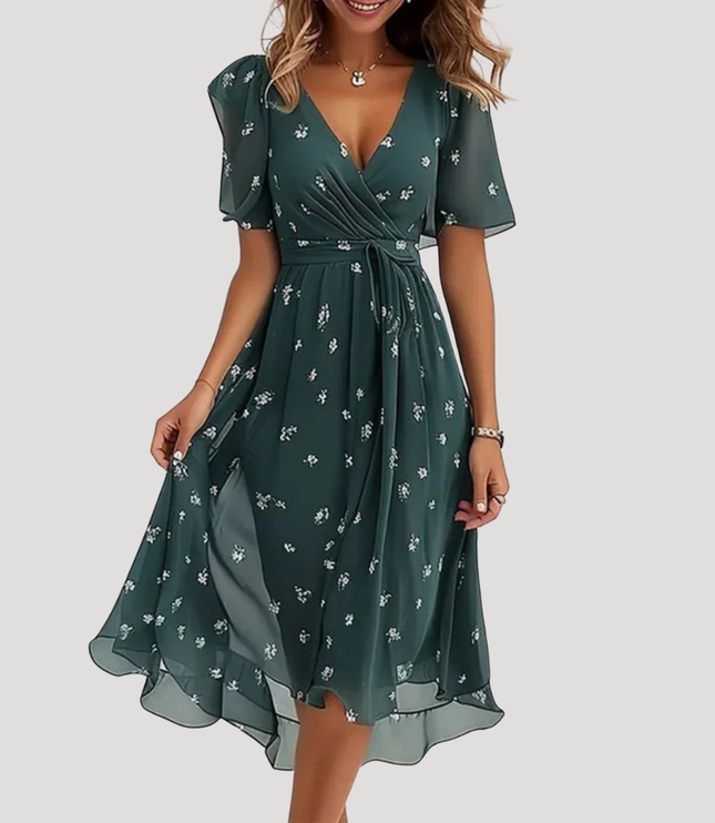 Dark green floral wrap midi dress with V-neck, tie waist and sheer midi length