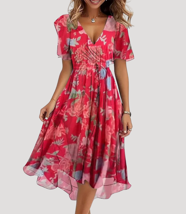 Red floral wrap midi dress with short sleeves, cinched waist and asymmetrical hem