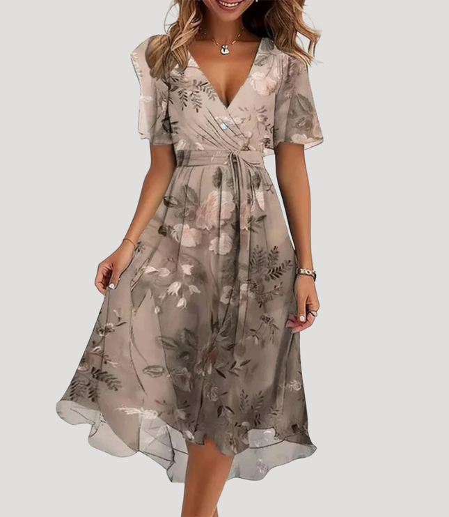 Taupe floral wrap midi dress with flutter sleeves, V-neck and high-low hem