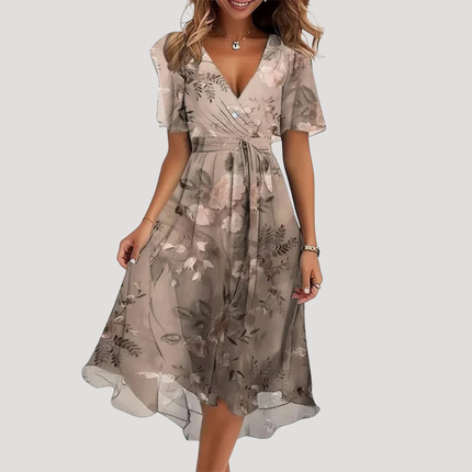 Taupe floral wrap midi dress with flutter sleeves, V-neck and high-low hem