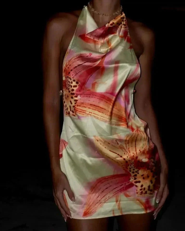 Women's Summer Floral Halter Neck Open Back Mini Dress