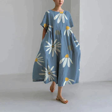 Blue midi dress with white daisy print, short sleeves, loose breezy summer dress
