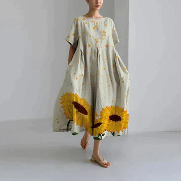 Light gray midi dress with sunflower print, short sleeves, oversized casual summer dress