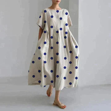 Beige midi dress with blue polka dot print, short sleeves, flowy casual summer dress