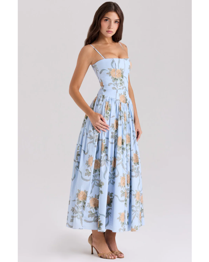 Light blue floral maxi dress with spaghetti straps and fitted bodice, front view