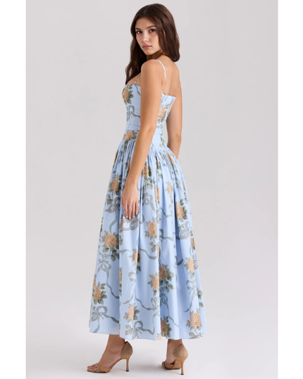 Back side view of light blue floral maxi dress with straps and full skirt