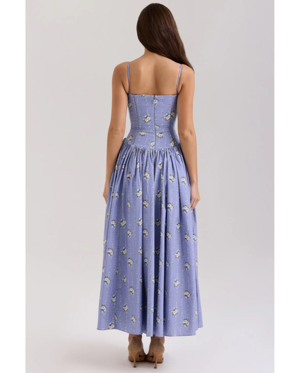 Back view of lavender floral maxi dress with open back and shoulder straps