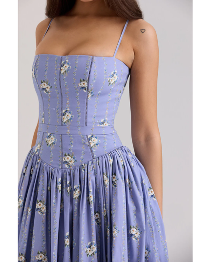 Close-up of lavender floral dress bodice with square neckline, seam details, and thin straps