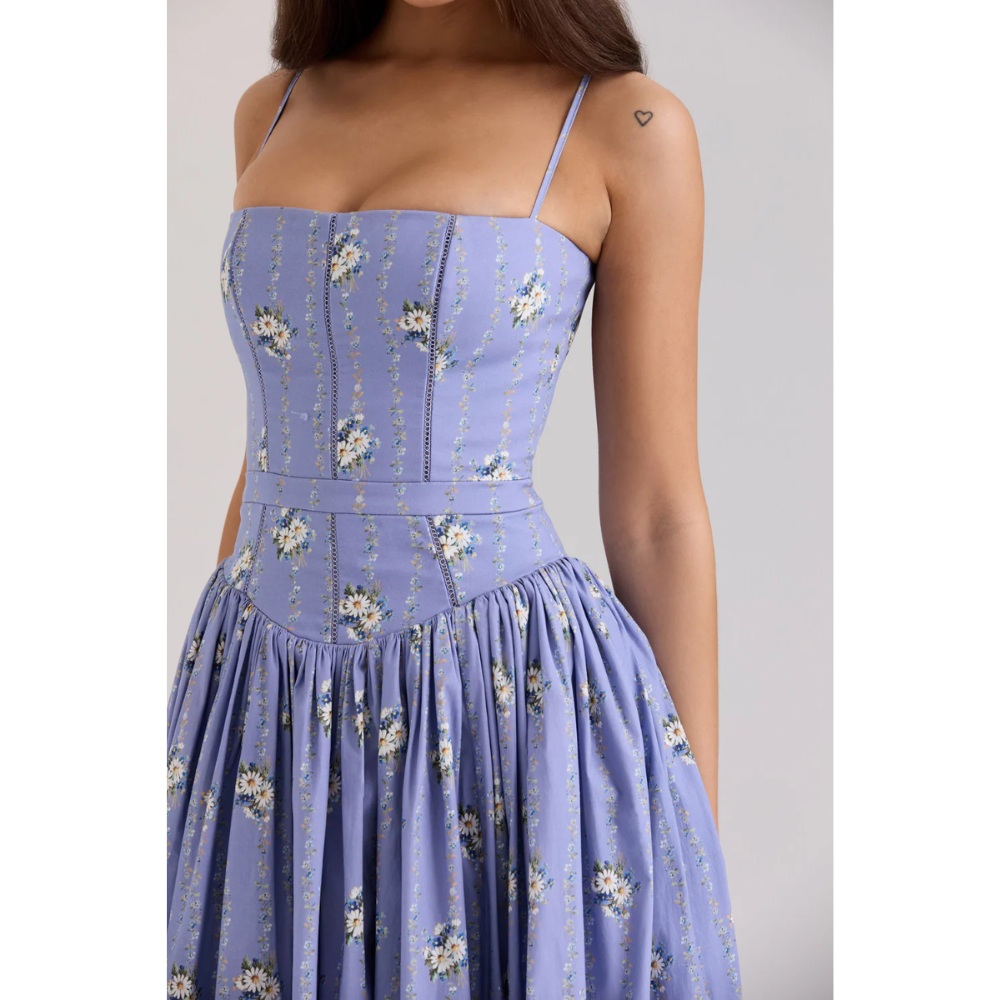 Close-up of lavender floral dress bodice with square neckline, seam details, and thin straps