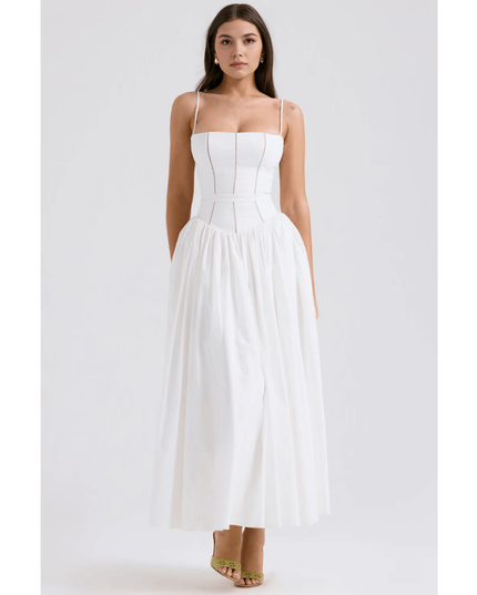 White strapless maxi dress with structured bodice and flowing skirt, front view