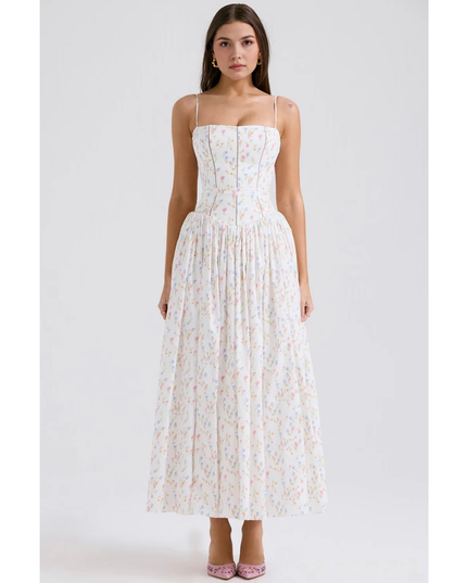 White floral bathing suit women style maxi dress with pastel print and fitted bodice