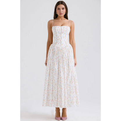 White floral bathing suit women style maxi dress with pastel print and fitted bodice