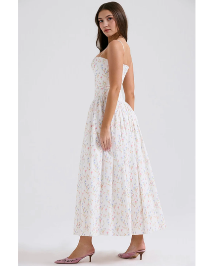 Back view of floral maxi dress with open back, straps, and full skirt