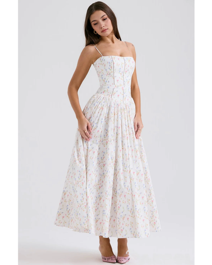 Front view of pastel floral summer dress with fitted bodice and wide maxi skirt