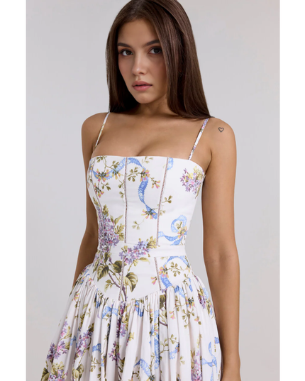 Front view of women's floral maxi dress with high slit, fitted bodice, and lightweight skirt