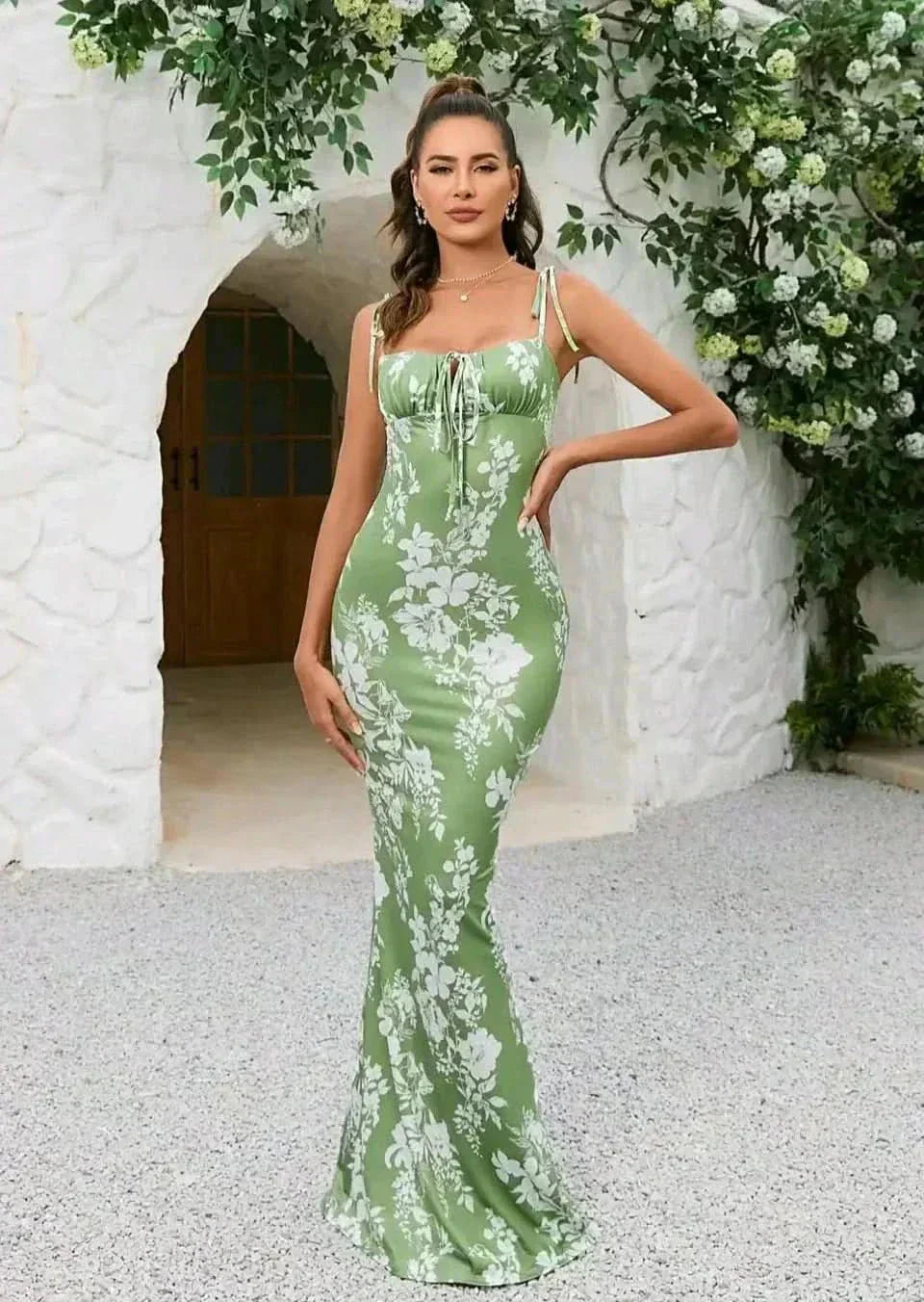 Green floral square neck maxi dress with tie straps and ruched bust in a fitted summer style