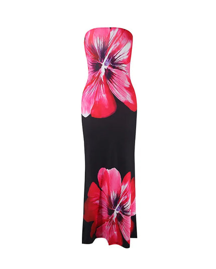 Black floral strapless maxi dress with pink flower print and flowing maxi hem