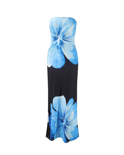 Strapless floral maxi dress with blue flower print on black, long summer dress